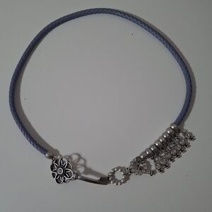Premier Design Gray Blue Cord Silver Tone Flower Key Dangle Rhinestone Necklace